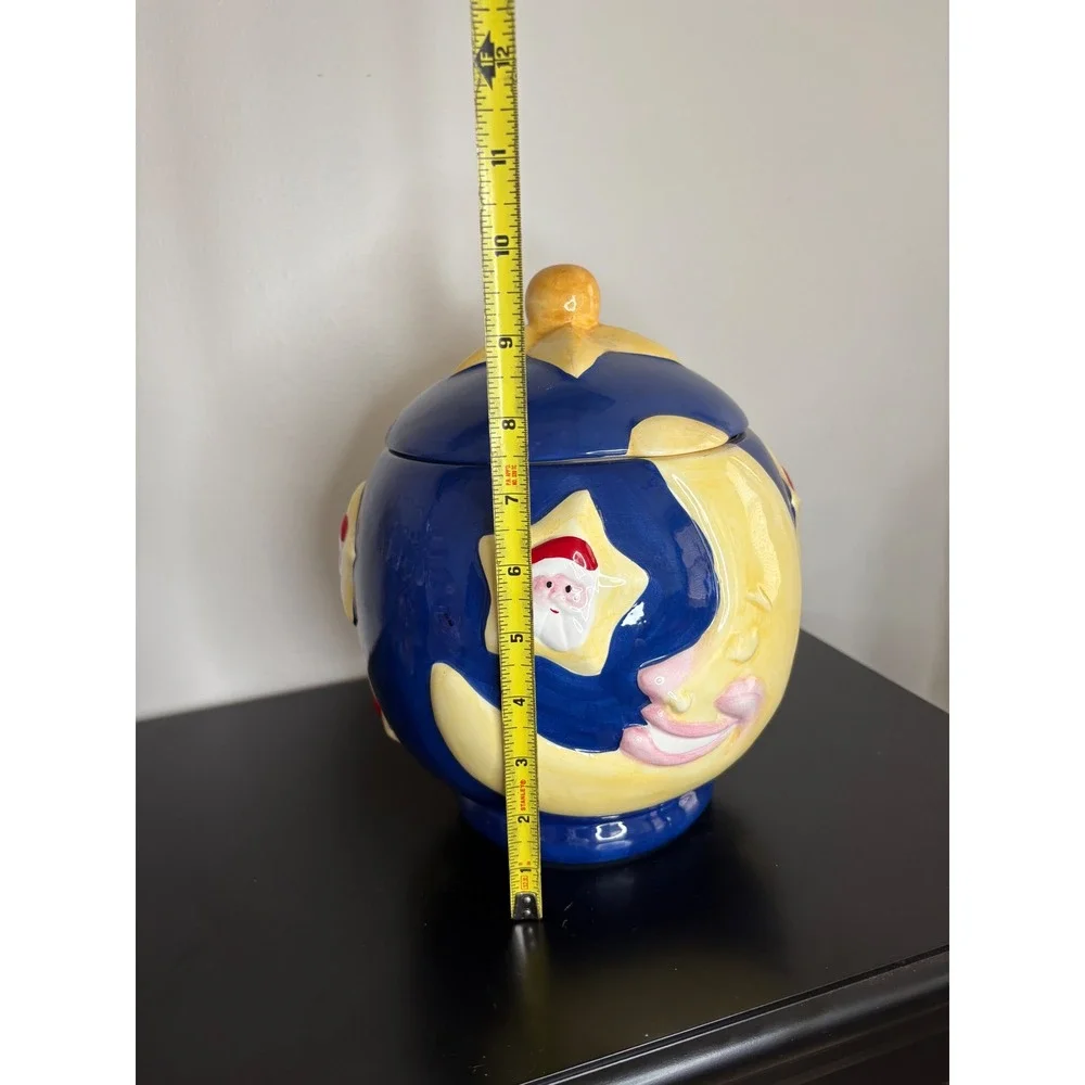 Round Santa Moon Star Blue Ceramic Cookie Jar Whimsical Christmas‎ Holidays